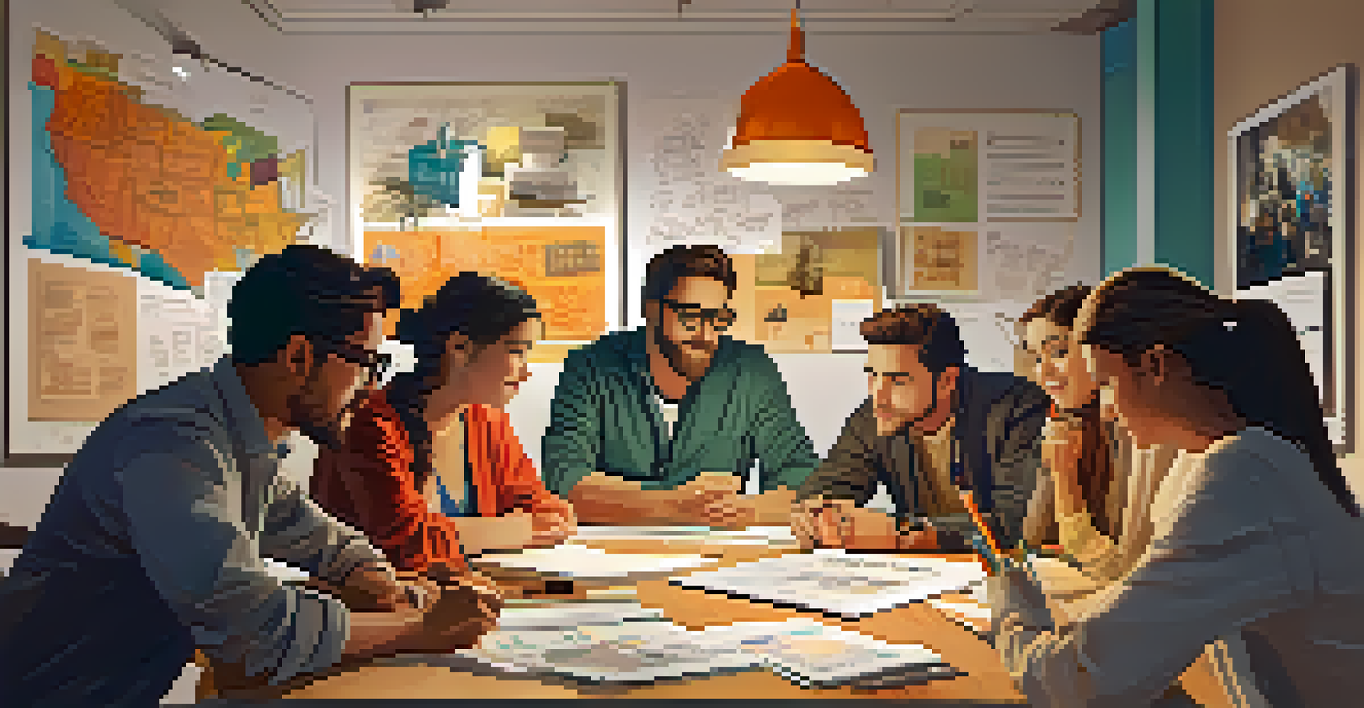 A creative team brainstorming ideas for a film's promotional campaign, surrounded by sketches and mood boards in a warmly lit room.