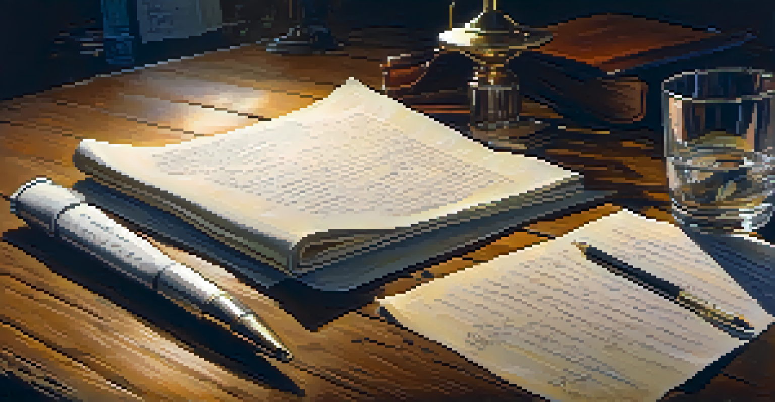 A film script on a wooden desk, with edits and notes, illuminated by warm light from a lamp.