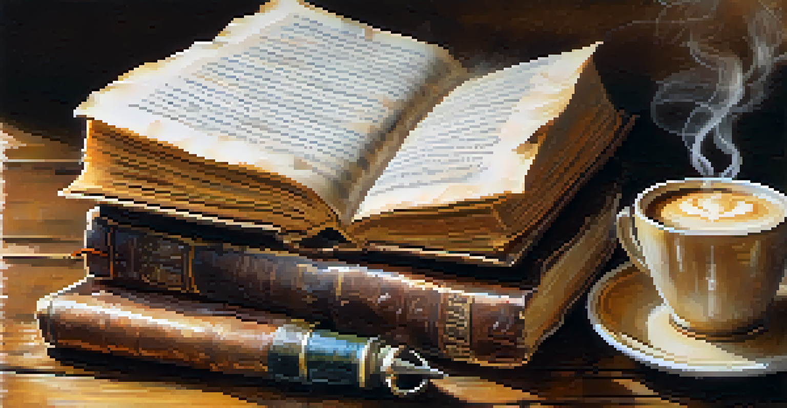 A close-up of a weathered book with handwritten notes and a steaming cup of coffee on a rustic table, illuminated by soft natural light.