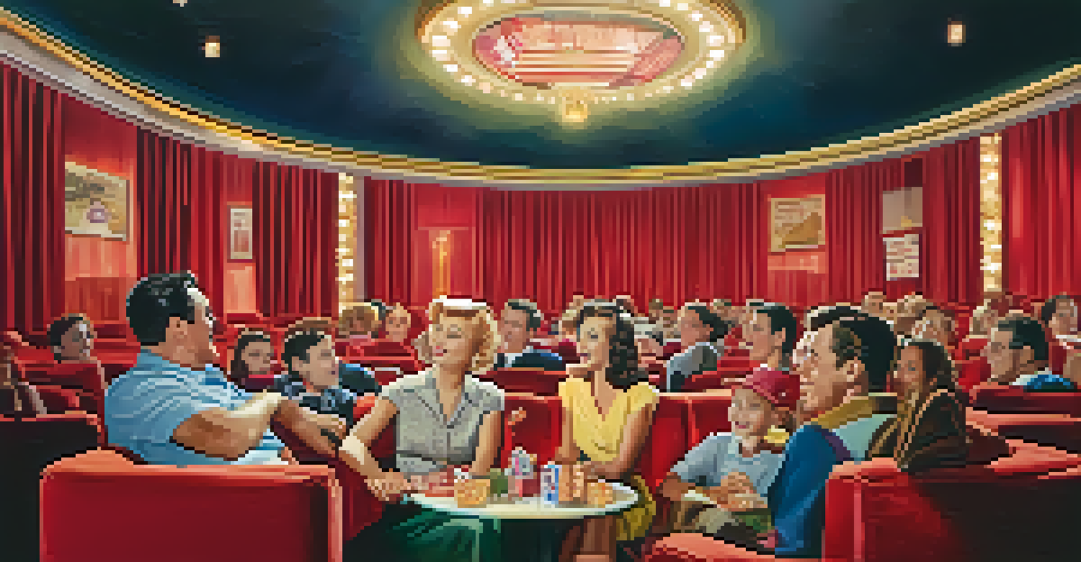 A lively 1950s cinema scene with a family watching a movie, colorful film posters, and red velvet seats.