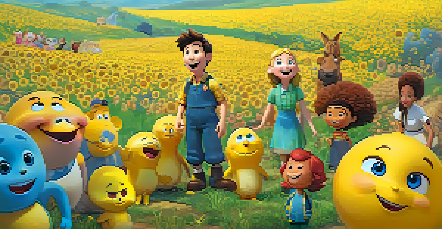 Colorful animated characters representing different emotions, standing together in a vibrant landscape.