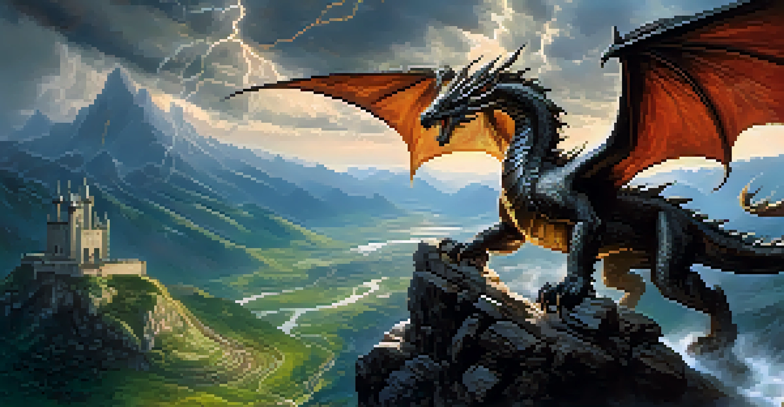 A knight in armor battling a dragon on a mountain, with dramatic clouds and lightning in the sky and a valley below.
