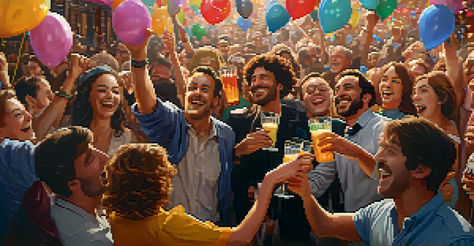 A lively gathering of diverse backers celebrating a film project's crowdfunding success with drinks and laughter, decorated with balloons and a 'Thank You Backers!' banner.