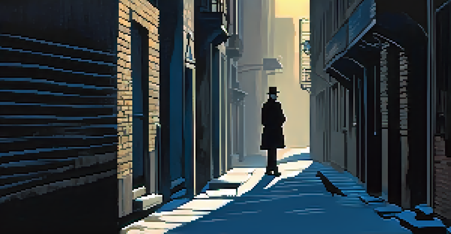 A dimly lit alley with a silhouetted figure under a flickering streetlight, showcasing cold lighting and long shadows.
