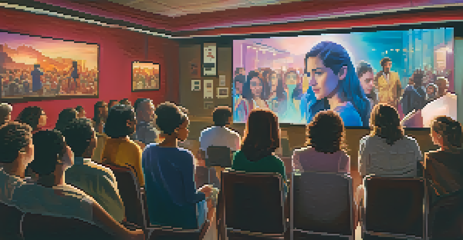 An audience watching a film featuring strong female protagonists, with expressions of inspiration and emotion in a cozy screening room.