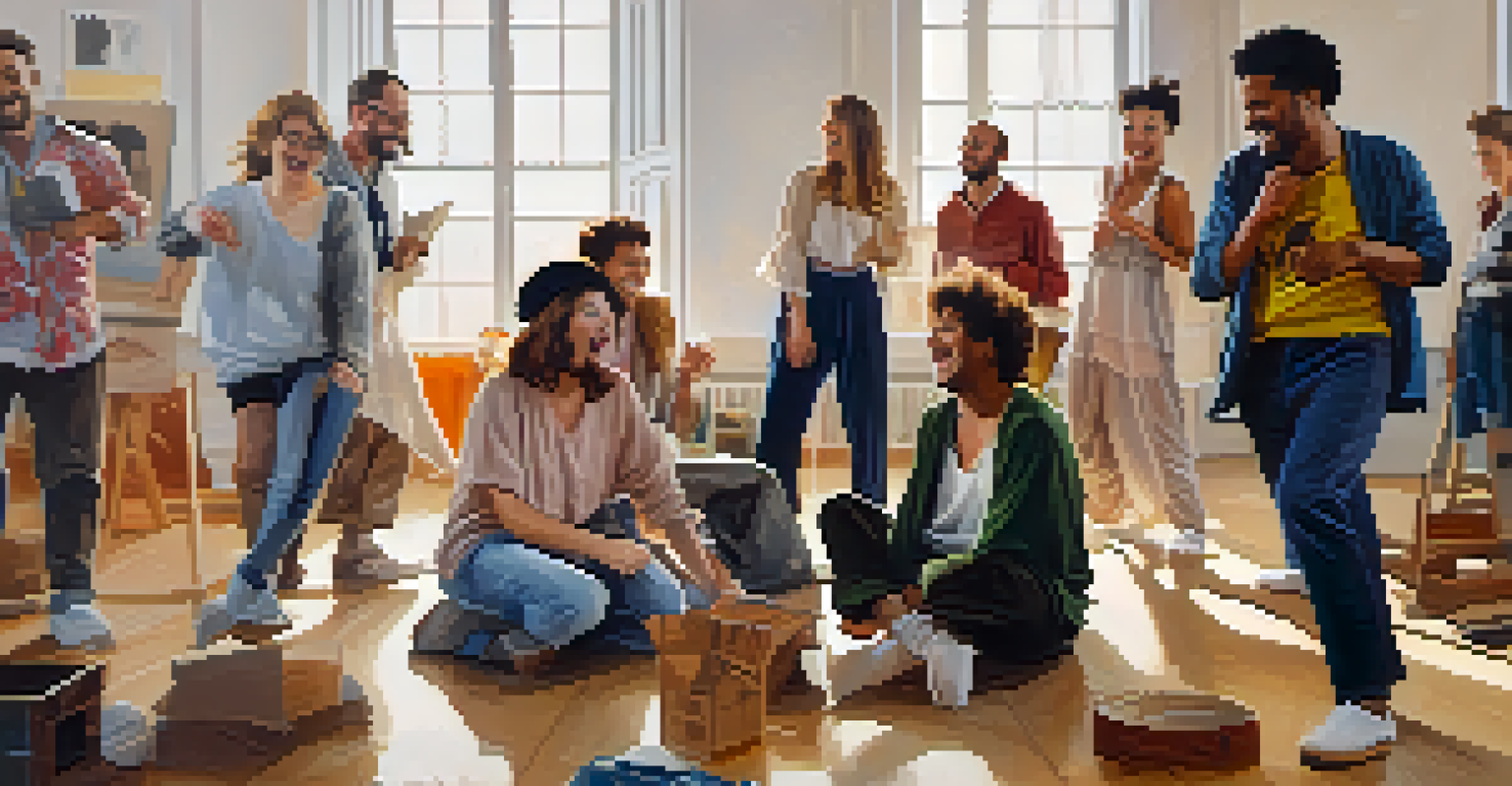 A group of actors in a workshop, laughing and interacting playfully with props and costumes.