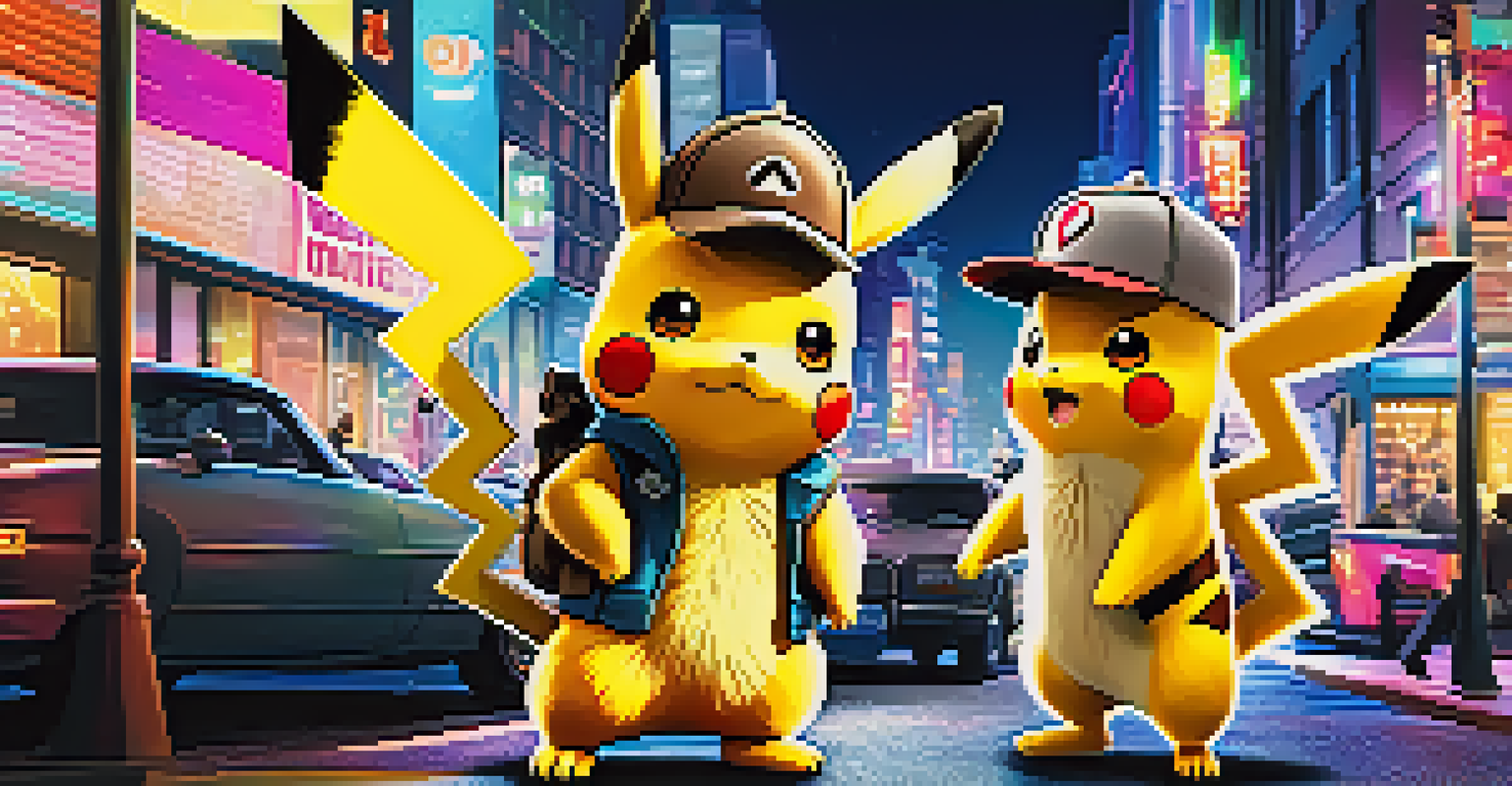 Pikachu dressed as a detective, holding a magnifying glass on a lively city street filled with colorful Pokémon.