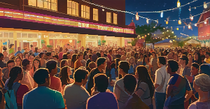 A lively outdoor film festival with a diverse crowd watching a movie on a large screen, illuminated by colorful string lights.