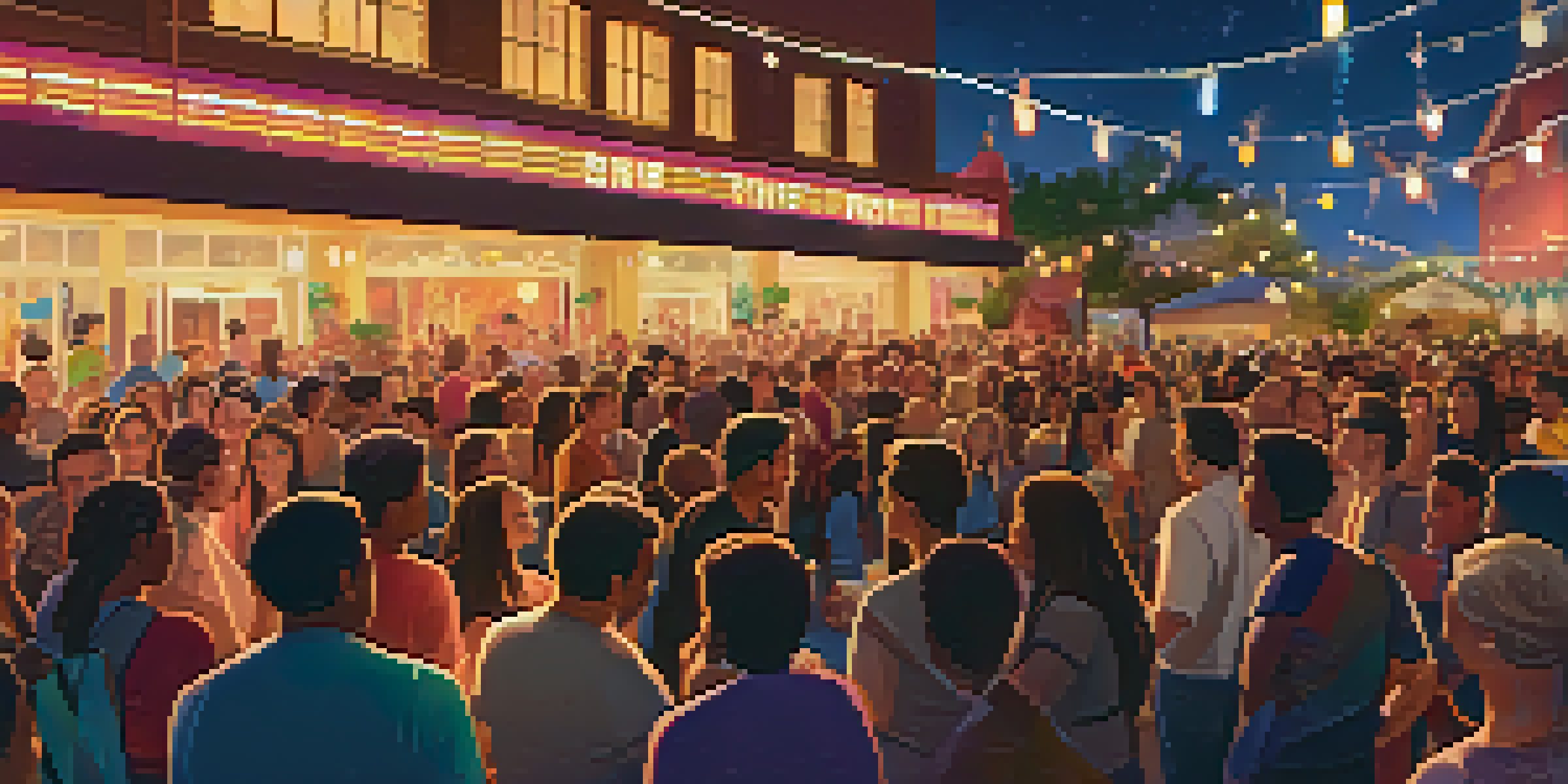 A lively outdoor film festival with a diverse crowd watching a movie on a large screen, illuminated by colorful string lights.