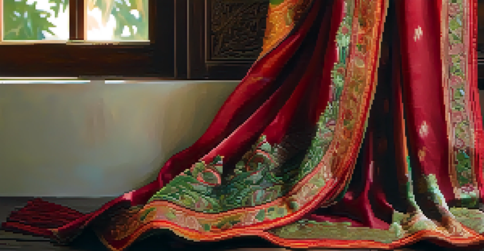 A close-up of a colorful sari with intricate embroidery resting on a wooden chair, illuminated by soft sunlight.