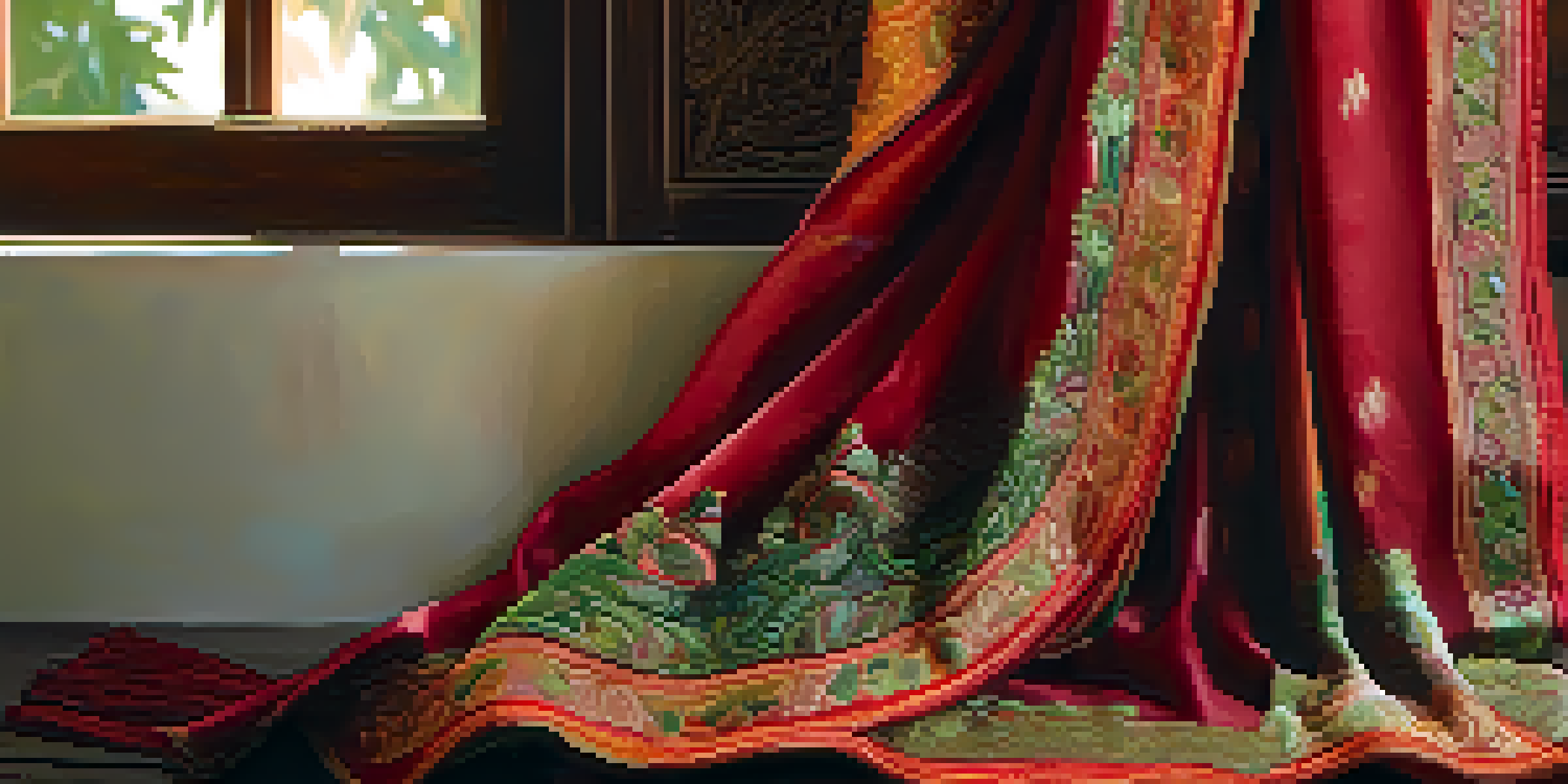 A close-up of a colorful sari with intricate embroidery resting on a wooden chair, illuminated by soft sunlight.