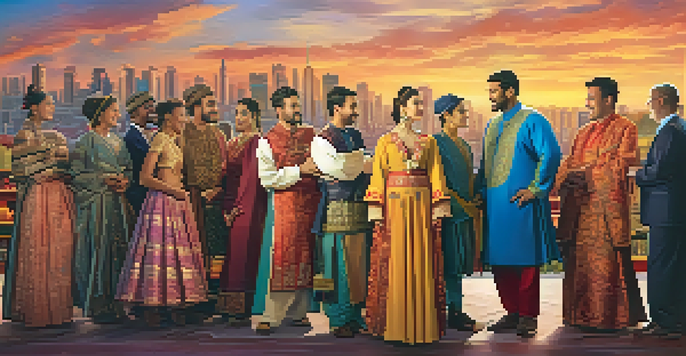 A diverse group of actors in traditional costumes interacting on a film set with a city skyline in the background during sunset.