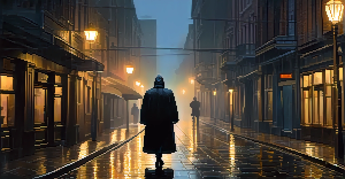 A dark and suspenseful scene in a rain-soaked alley with a mysterious silhouette and flickering streetlight.