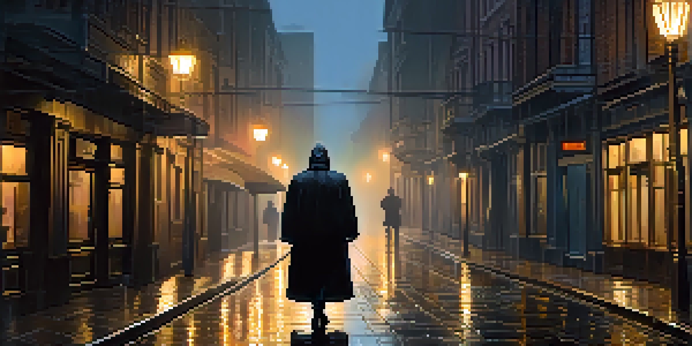 A dark and suspenseful scene in a rain-soaked alley with a mysterious silhouette and flickering streetlight.