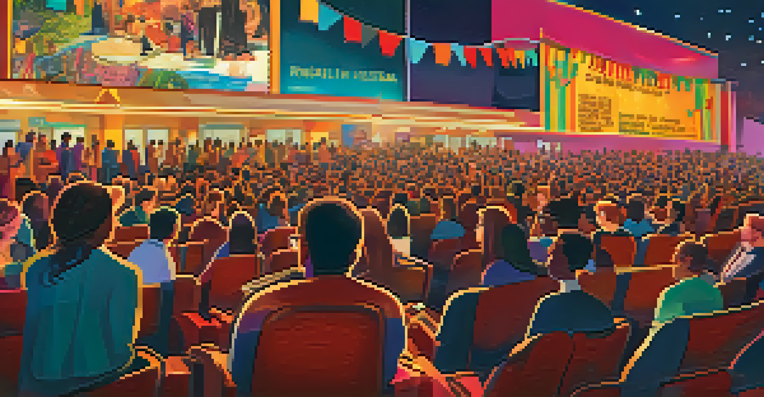 A lively film festival with filmmakers and audience members interacting, surrounded by colorful banners.