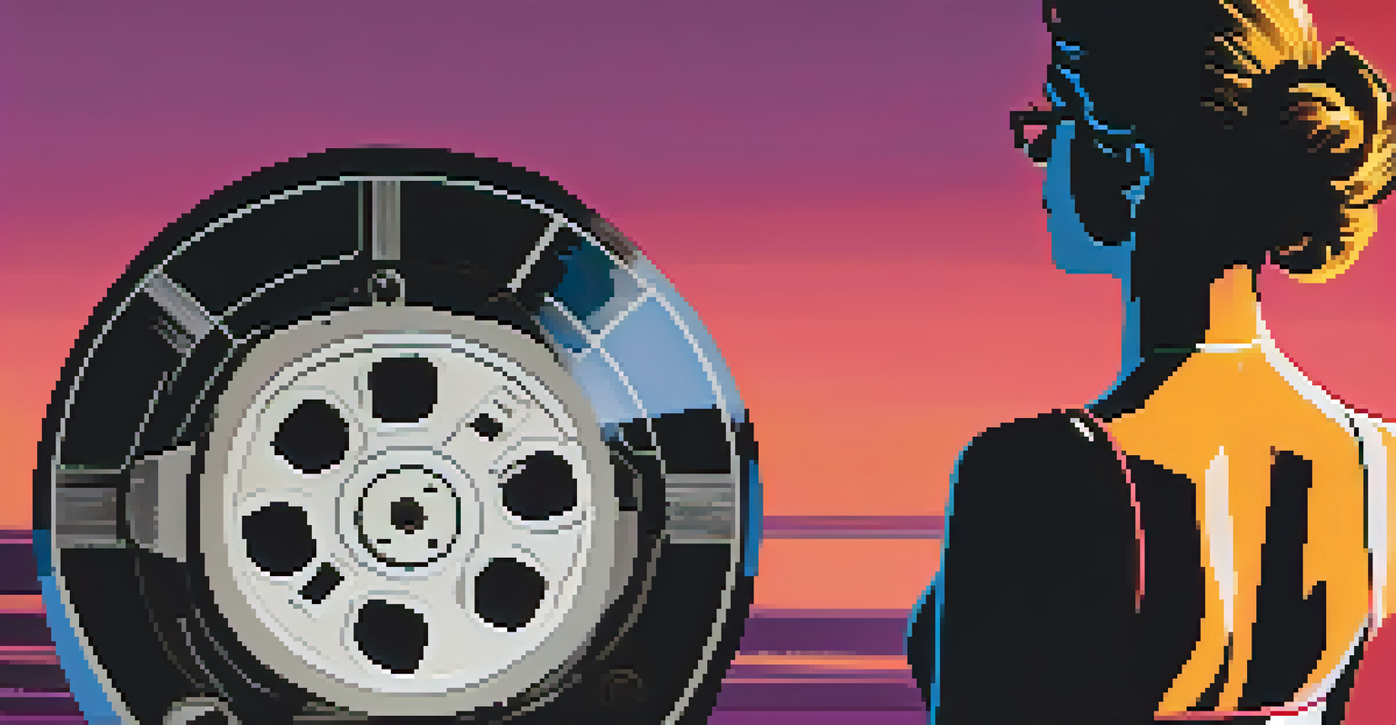 A film reel in the foreground and a silhouette of a woman contemplating a traditional film scene in the background.