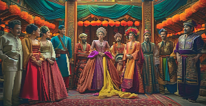 A diverse group of actors in traditional costumes on a film set, with colorful props and warm lighting.