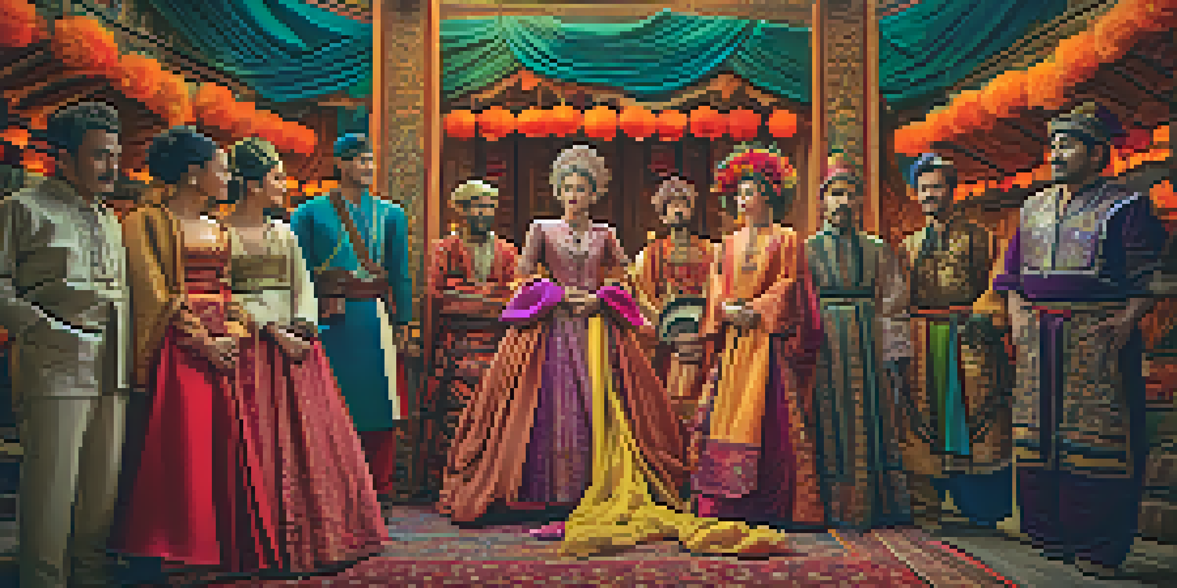 A diverse group of actors in traditional costumes on a film set, with colorful props and warm lighting.