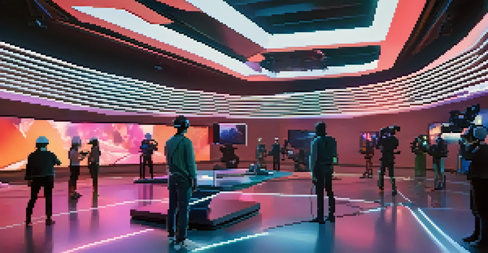 A modern film set for virtual reality production with digital displays and filmmakers using VR headsets.