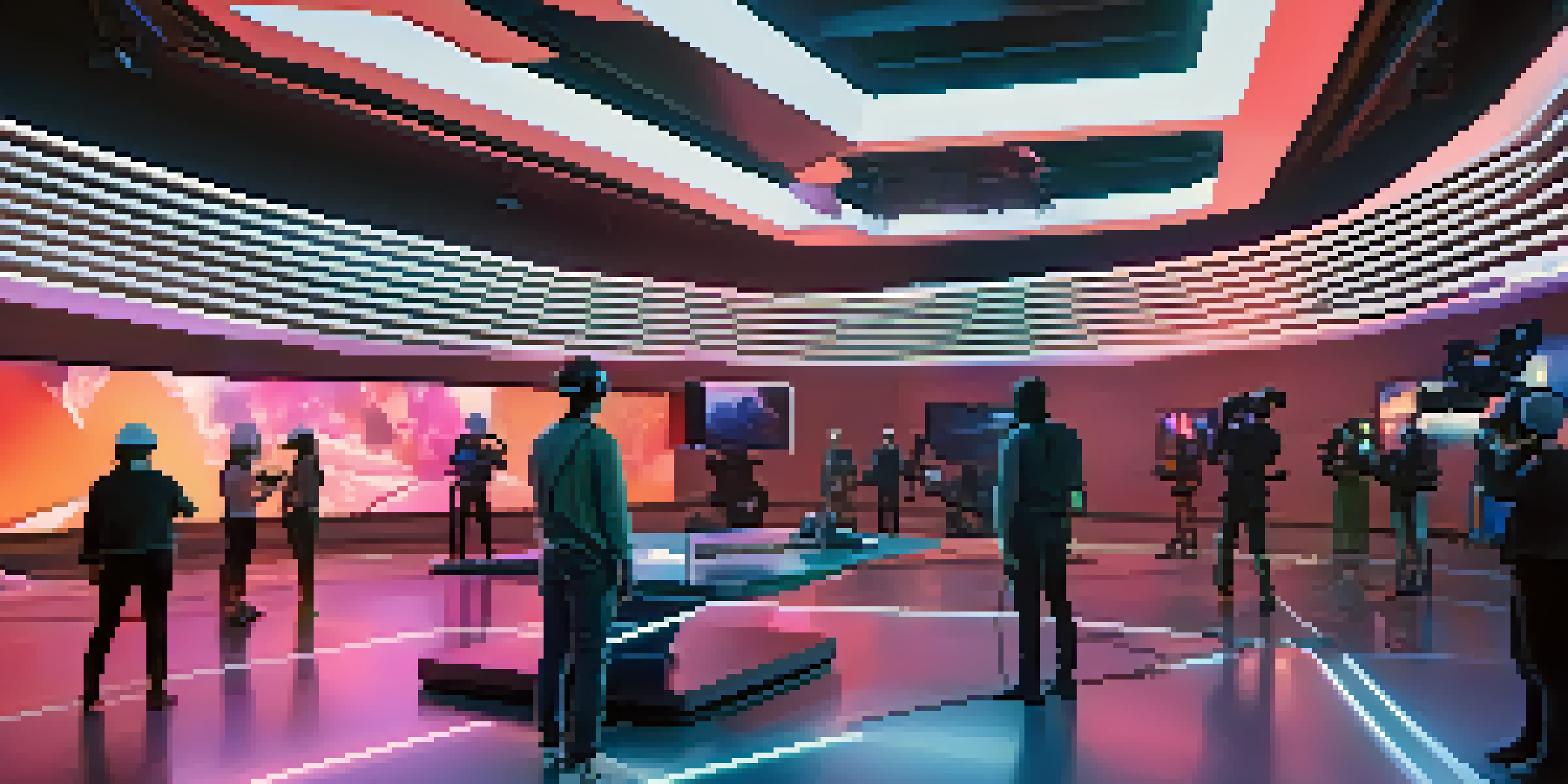 A modern film set for virtual reality production with digital displays and filmmakers using VR headsets.