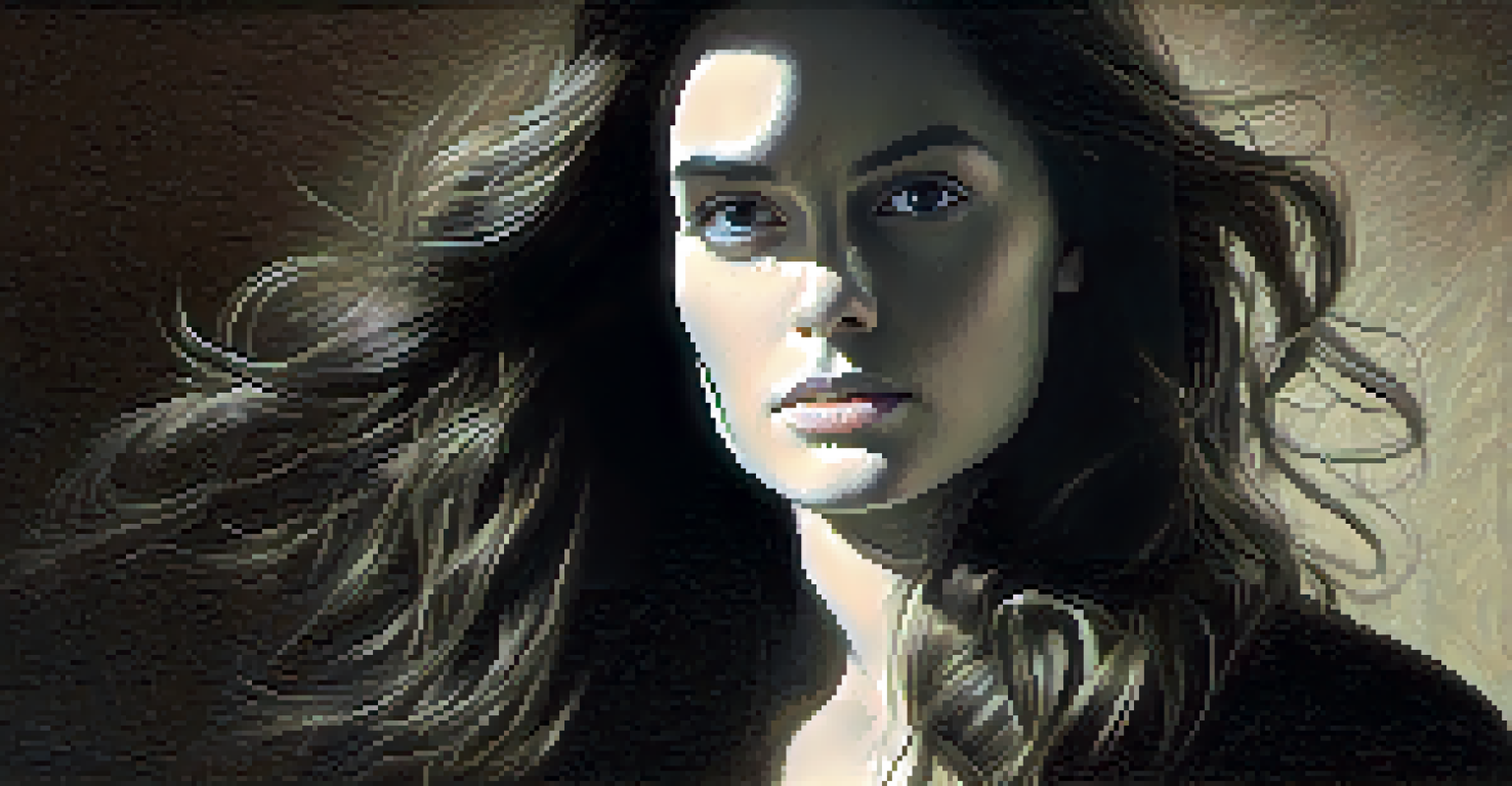A dramatic portrait of a woman with intense eyes, illuminated by overhead light, highlighting her features against a dark background.