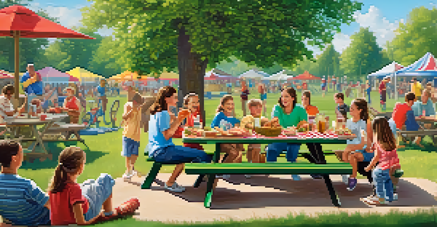 An outdoor family gathering with people enjoying a live sports game on a portable screen, surrounded by food and decorations.
