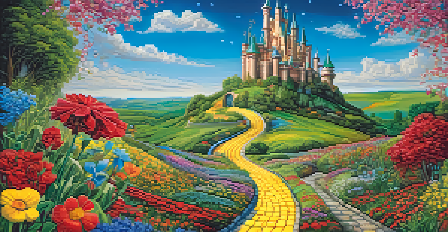 A colorful landscape inspired by classic Technicolor films, featuring a yellow brick road and a whimsical castle.