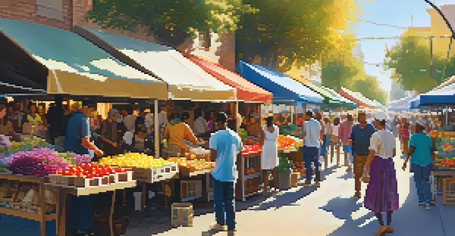 A lively street market filled with colorful stalls, diverse shoppers, and a street musician playing music under a golden sun.