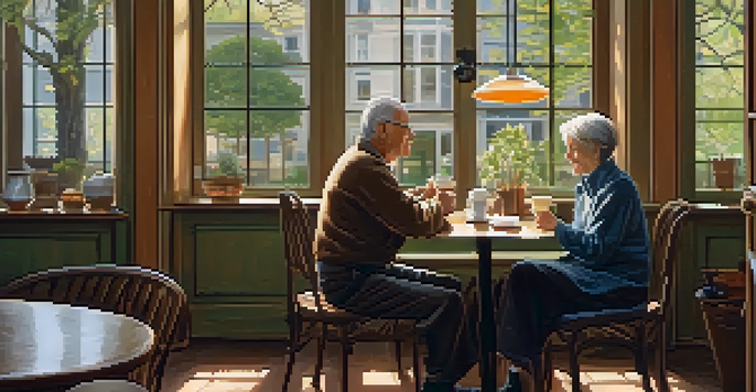 An older couple sitting at a café table, having a warm conversation with sunlight streaming in.