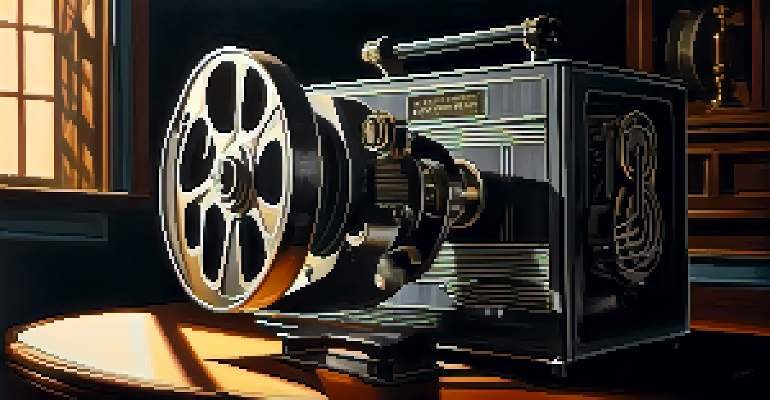 A vintage film projector casting a spooky image on a screen with warm light, surrounded by shadows.
