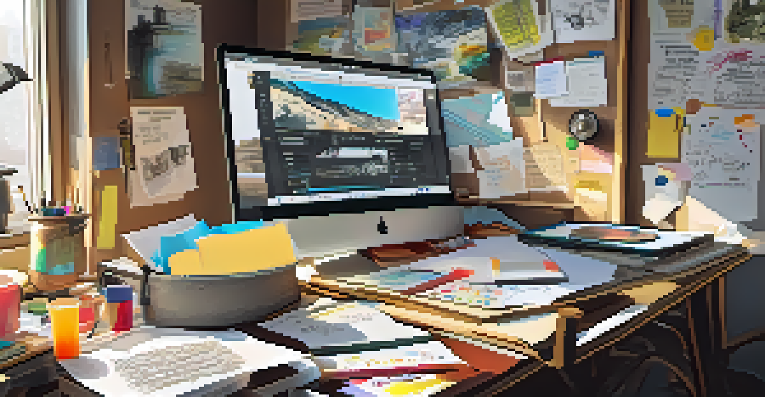 An artist's workspace filled with sketches and notes on audience engagement under warm sunlight.