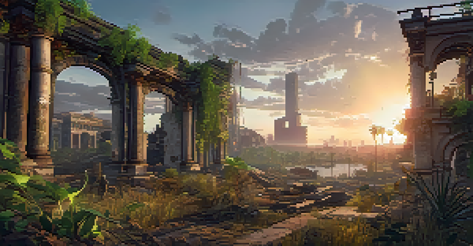 A post-apocalyptic cityscape overtaken by nature, with players exploring the detailed ruins in a VR setting.