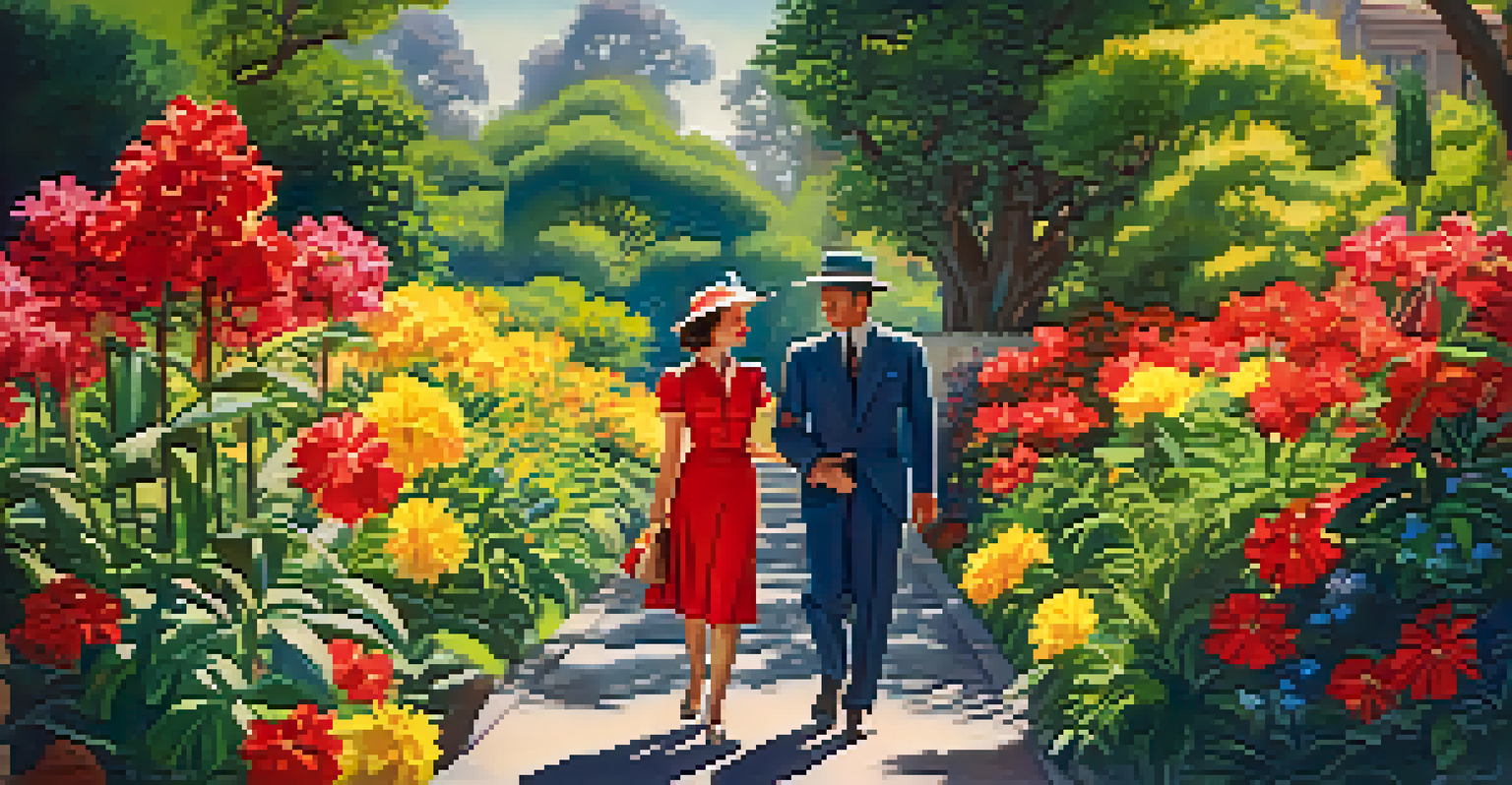 A colorful 1930s film scene with a couple in period attire walking through a vibrant garden filled with blooming flowers.