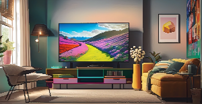 A cozy living room featuring a plush sofa and a television displaying a streaming service interface, with warm lighting and movie posters.