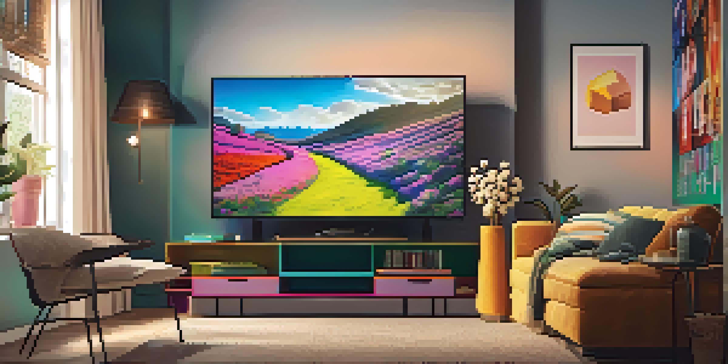 A cozy living room featuring a plush sofa and a television displaying a streaming service interface, with warm lighting and movie posters.