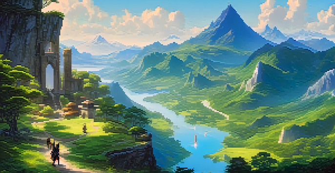 A fantasy landscape with a green valley, mountains, a river, and a group of adventurers looking at a castle.