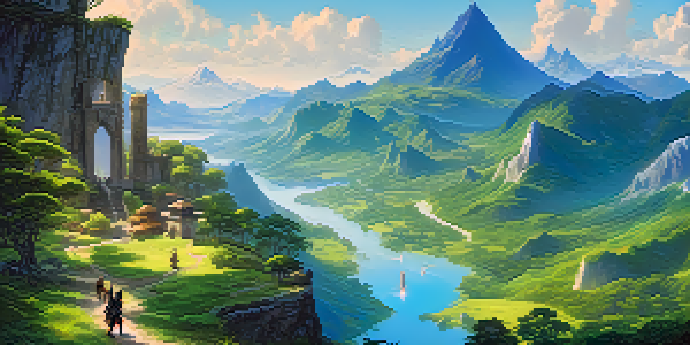 A fantasy landscape with a green valley, mountains, a river, and a group of adventurers looking at a castle.