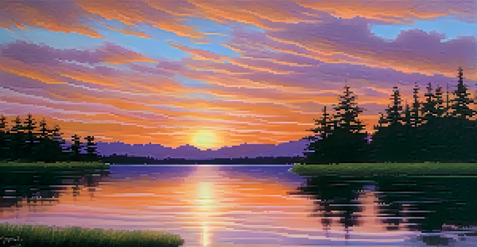 A beautiful sunset over a calm lake with silhouetted trees, reflecting vibrant colors in the water.