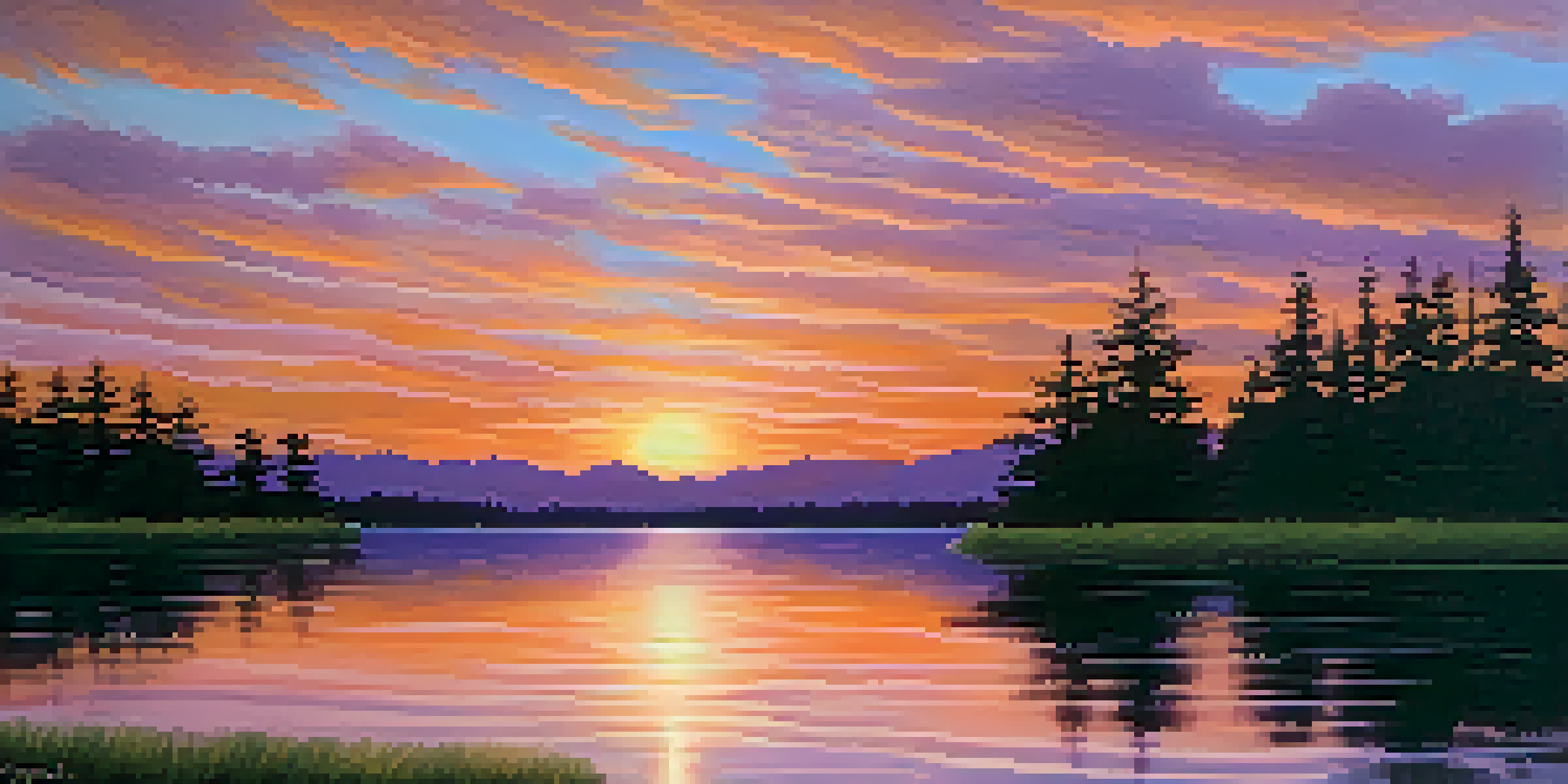 A beautiful sunset over a calm lake with silhouetted trees, reflecting vibrant colors in the water.
