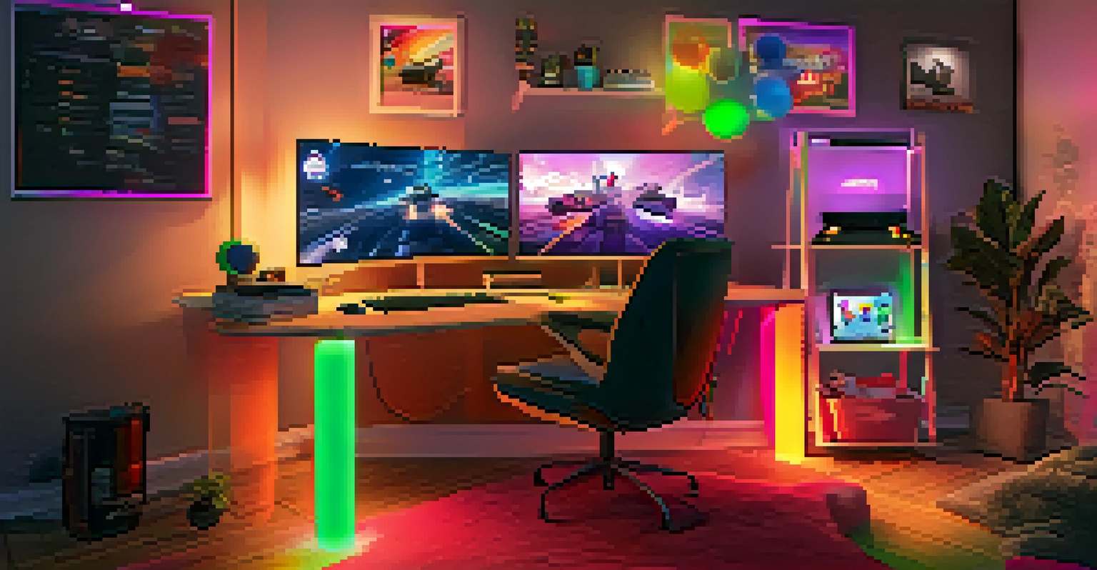 A cozy gaming setup with a stylish chair, monitor, and colorful LED lights in a room.