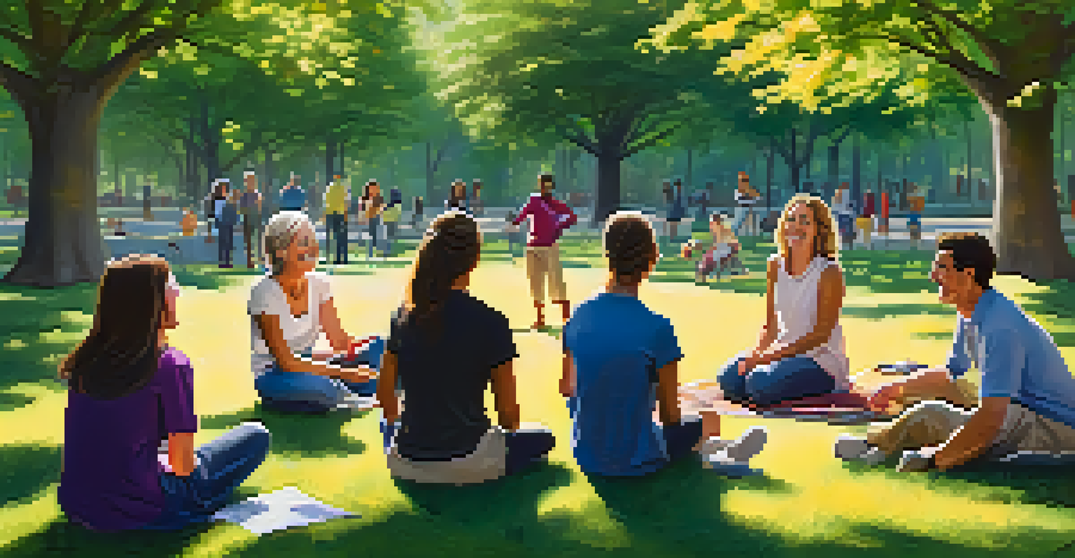 A park scene with a therapist leading a laughter therapy session, featuring people laughing and participating in playful activities under sunny, dappled light.