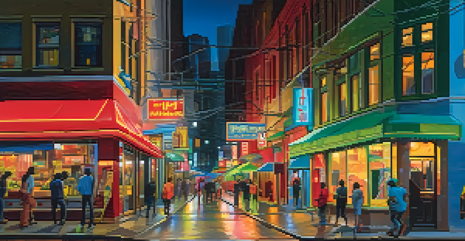 A vibrant cityscape at night showcasing contrasting warm neon lights and cool shadows.