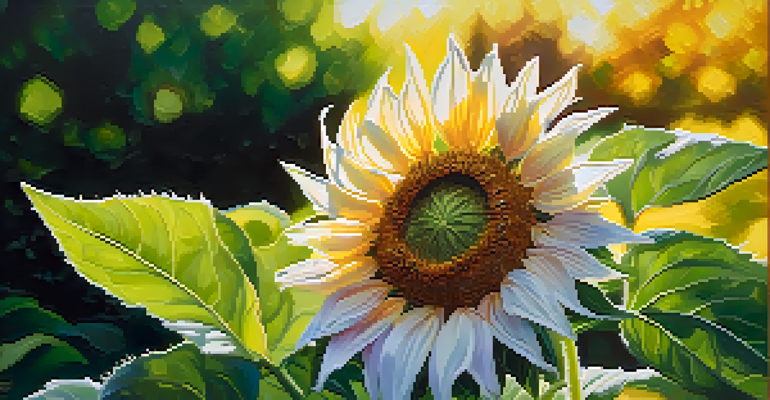 A close-up of a bright sunflower with detailed petals and seeds, set against a blurred garden background.