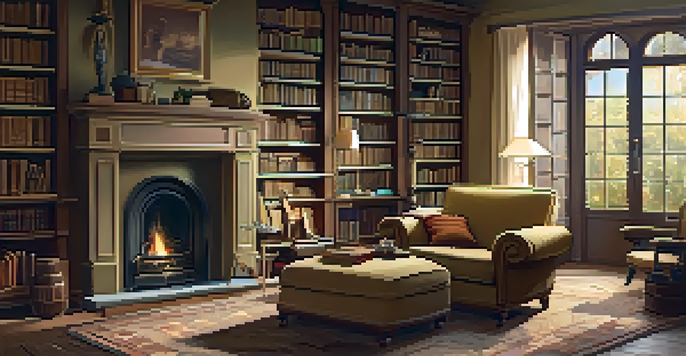 A cozy indoor scene with a character reading in an armchair and a child drawing at a table, surrounded by bookshelves and a fireplace.