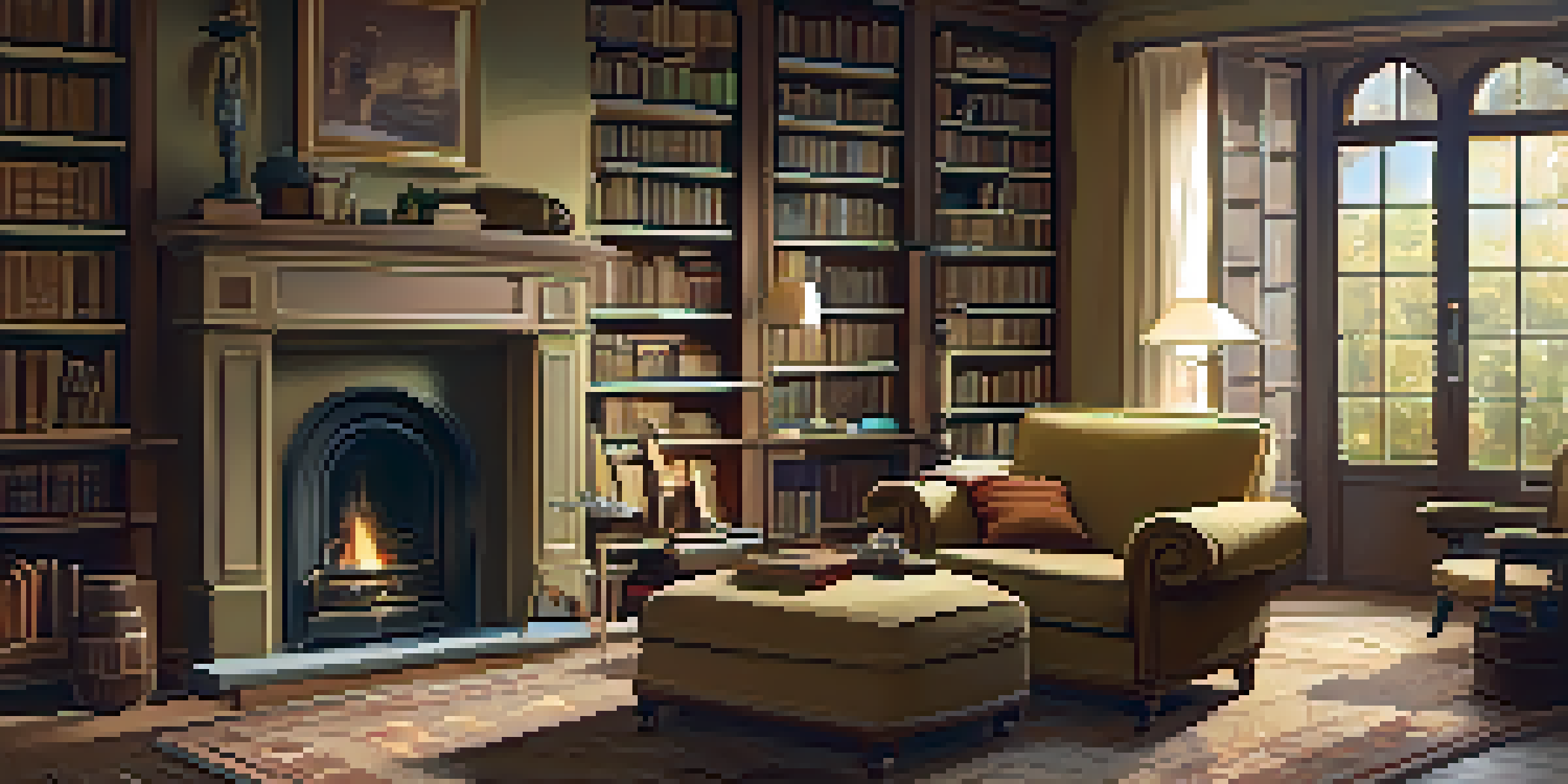 A cozy indoor scene with a character reading in an armchair and a child drawing at a table, surrounded by bookshelves and a fireplace.