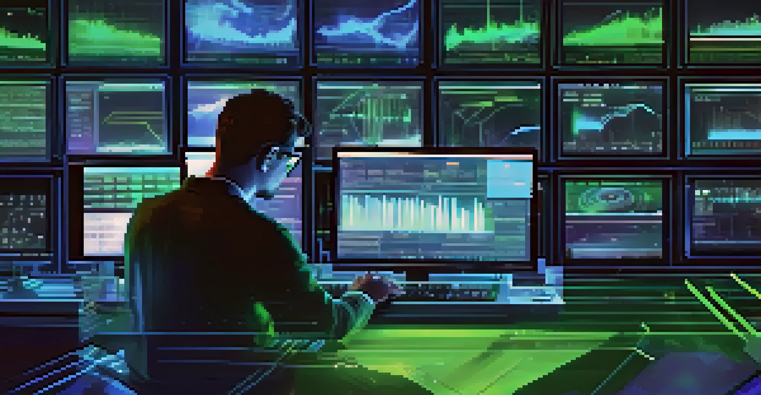 Close-up of hands editing film on a computer with vibrant graphs and timelines, under cool lighting.