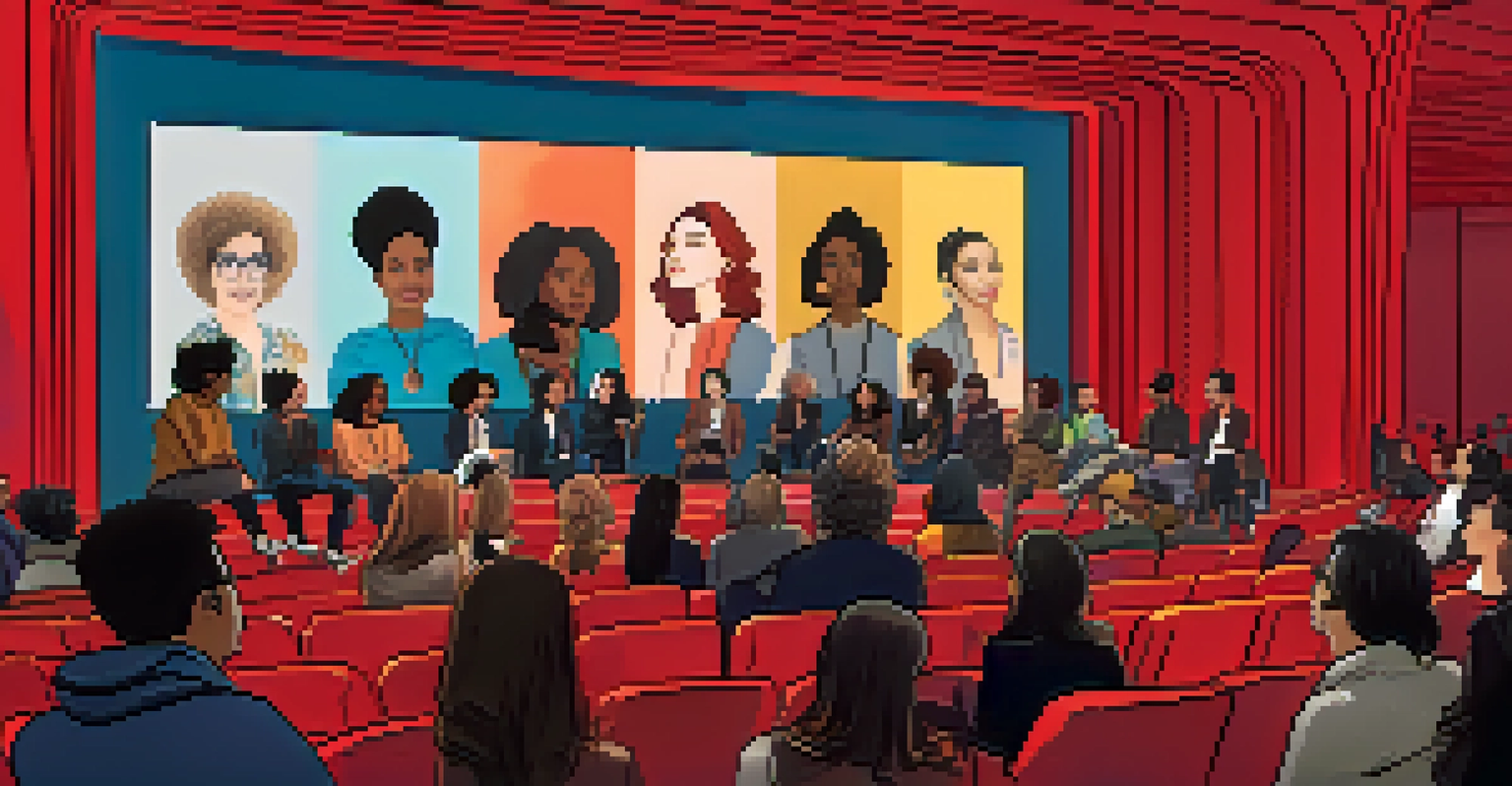A diverse panel of filmmakers discussing at the Berlin International Film Festival, with an engaged audience and colorful visuals in the background.