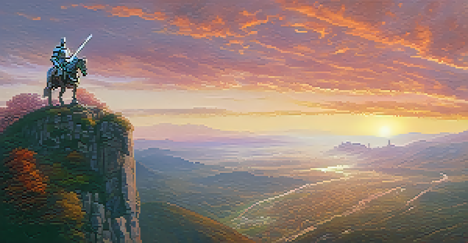 A knight in shining armor stands on a cliff, overlooking a fantasy kingdom at sunset.