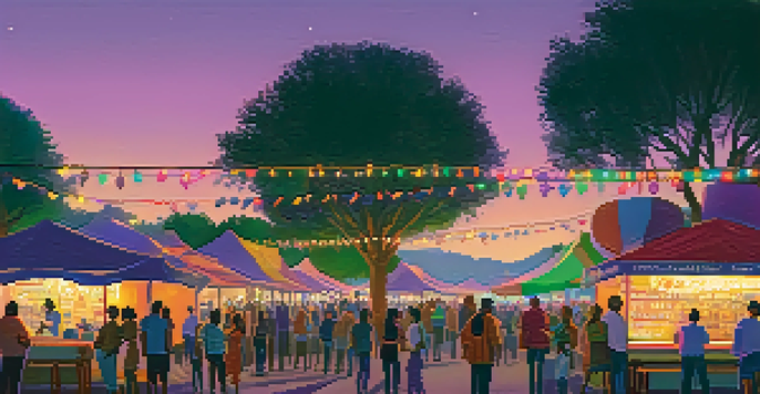 An outdoor film festival scene at dusk with diverse attendees watching a movie trailer on a big screen, colorful lights, and food stalls.