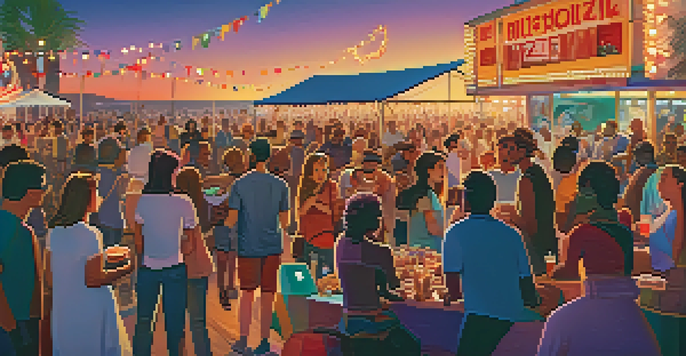 A lively film festival scene at dusk with a diverse crowd discussing around illuminated movie screens and colorful banners.